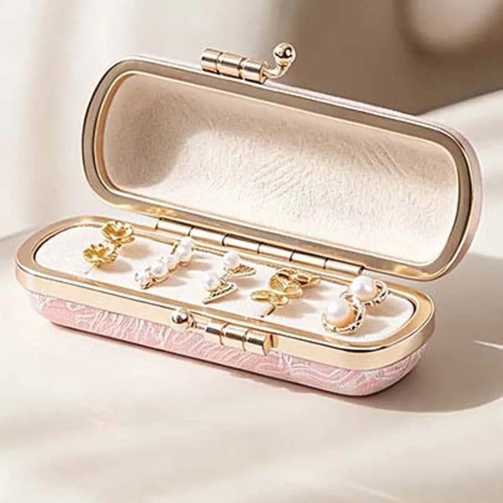 Kiss Lock Clasp Mini Ring Box Gold Metallic Trim Faux Leather Outer Travel Jewelry Case Luxury Style Look Compact Pocket Size