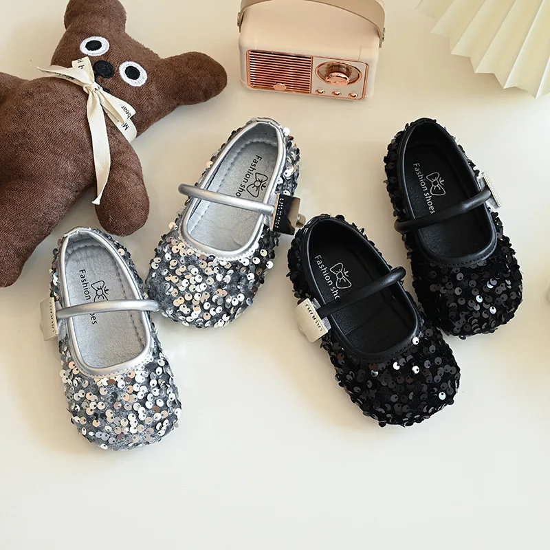 

Girls Soft Bottom Leather Shoes2024Autumn New Children's Sweet Sequins Princess Shoes Korean Style Stylish Pumps