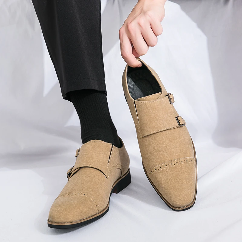 New Men Loafers Shoes Faux Suede Solid Color Low Heel Double Button Classic Business Men Shoes Large Sizes 38-46