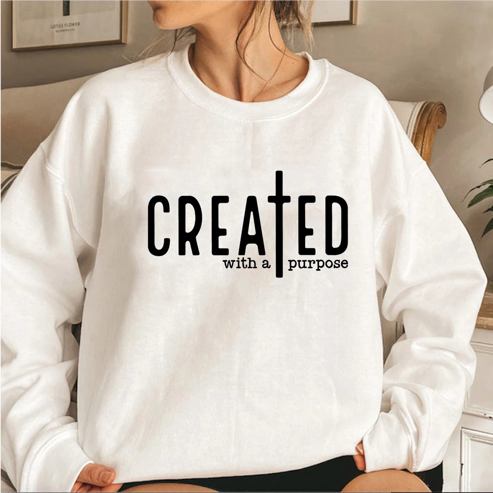 Created with A Purpose Sweatshirt Faith Hoodie Bible Saying Sweatshirt Unisex Long Sleeve Pullover Men Women Graphic Hoodies Top