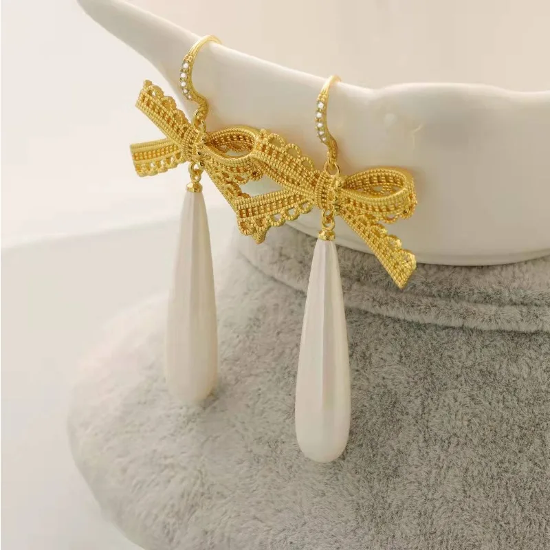 

Gentle Sweet Lace Bowknot Cubic Zircon Fishhook Earrings, White Long Waterdrop Pearl Dangle Light Luxury Style Statement Jewelry