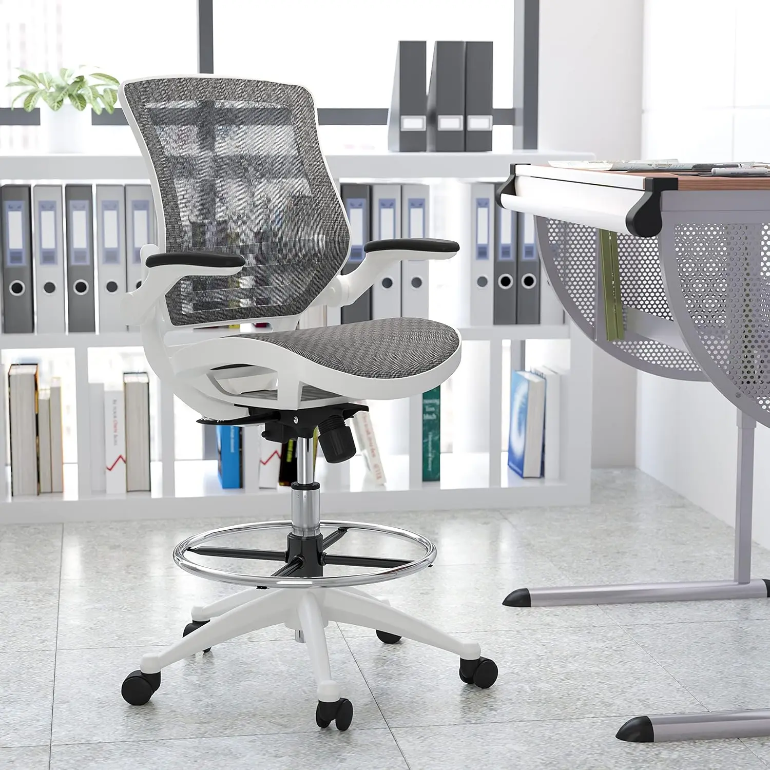 Waylon Mid-Back Swivel Office Chair With Adjustable Foot Ring And Seat Height, Ergonomic Mesh Chair With Armrests, Gray/White