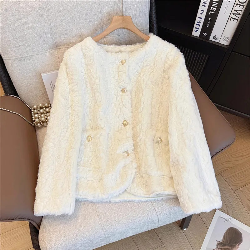 White Faux Lambswool Fur Jacket Autumn Winter Women Short Coat Round Neck Single-Breasted Long Sleeve Female Fake Fur Outerwear