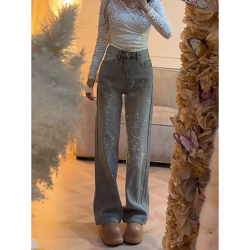

Blue High Waist Wide Leg Straight Cut Jeans Women's Spring New Sle Slimming Effect Star Pattern Casual Faion Trousers