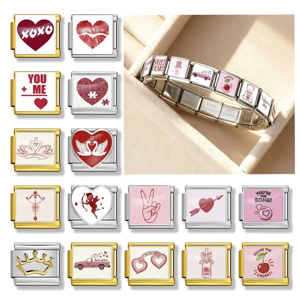 DIY Charms Jewelry 2026 1pc Heart Stainless Steel Italian Link fit 9mm Original Design Red Lipped Angel Bracelet Valentine's Day
