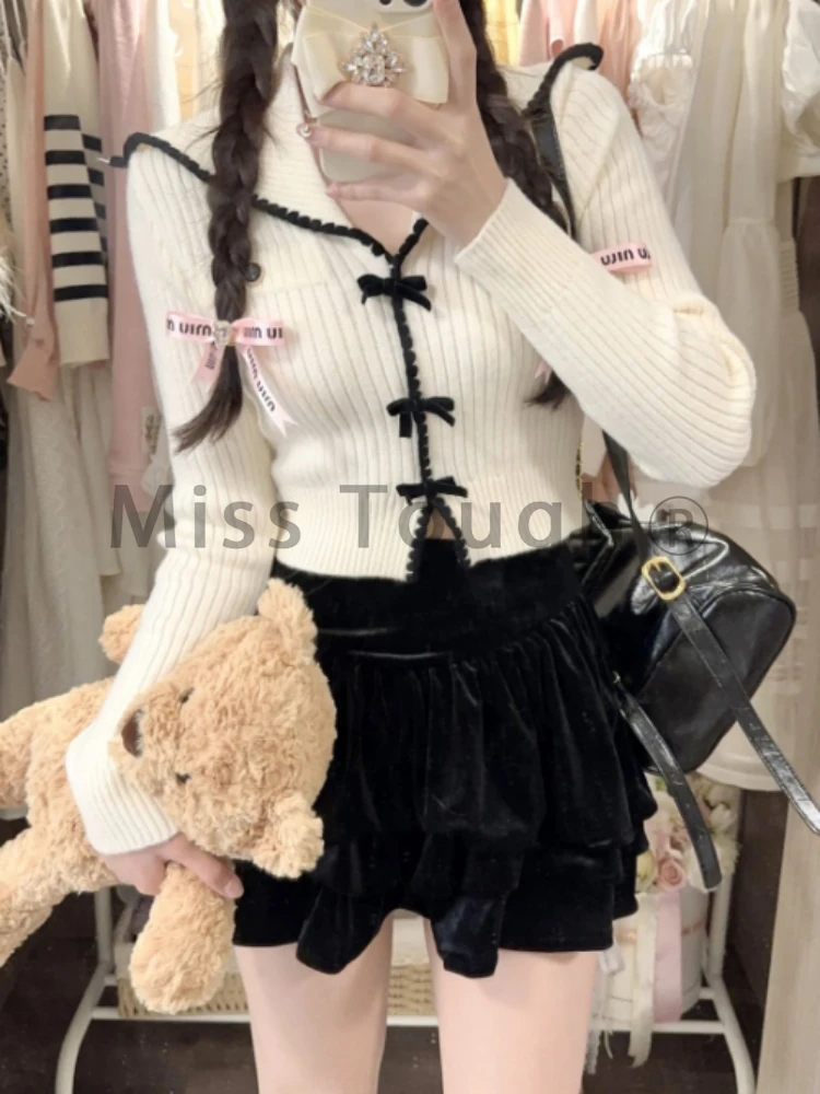 Japanese Lolita Kawaii Knitted Blouse Women Bow Pink Sweet Elegant Shirts Female Slim Casual Korean Vintage Clothing Autumn 2023