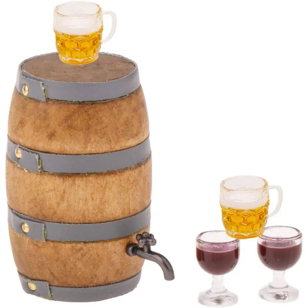 Miniature Wooden Barrel with Wine Glass and Cork for Garden Bar Decor
