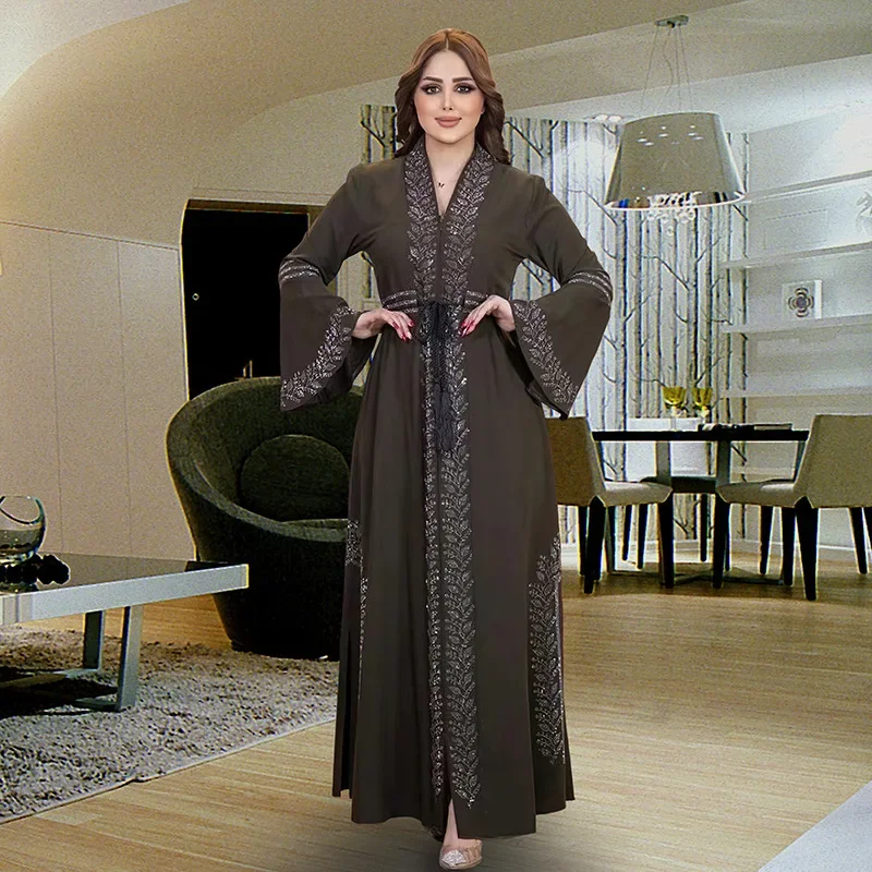 Dubai Plus-size Long Dress Arabia Frock Chiffon Open Abayas for Women Embroidery Cardigan Islamic Clothing V-neck Muslim Woman