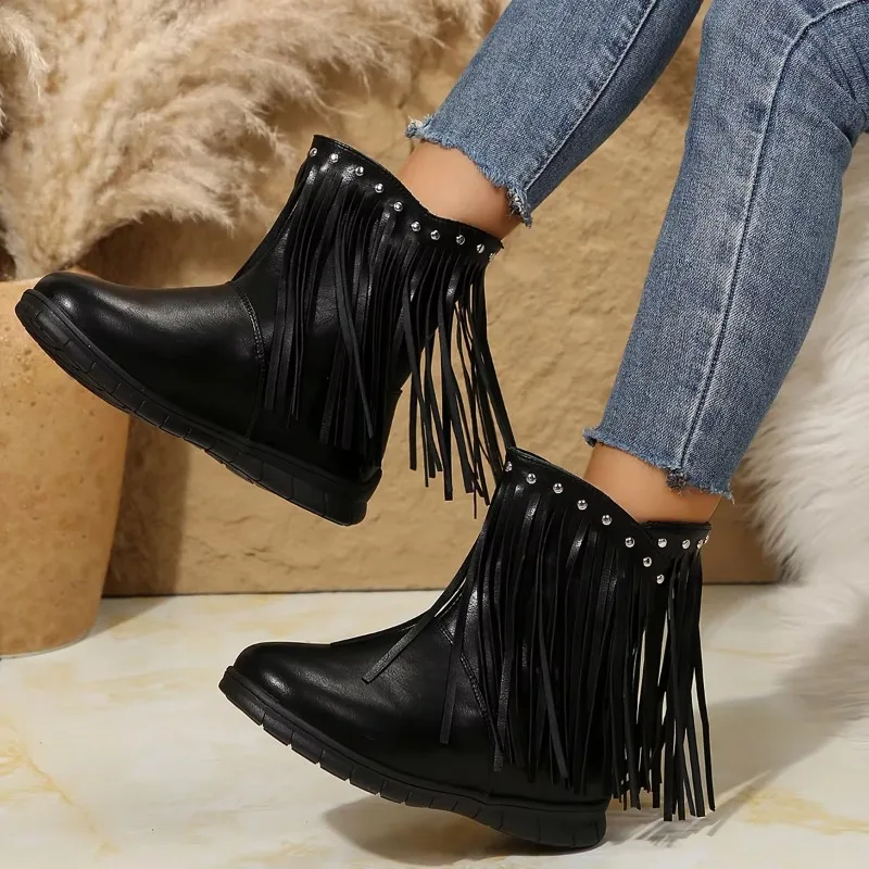 

2024 New Cowboy Boots for Women Rhinestone Footwear Flat Tassel Wedges Short Shoes Winter Fashion Women's Fashion Boots