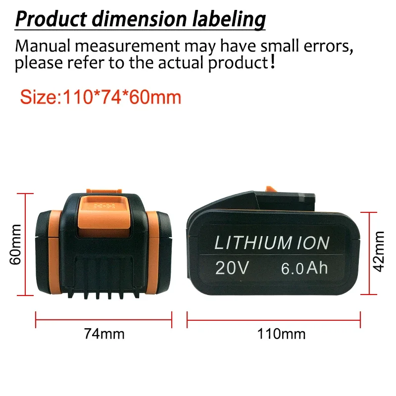 20V 6000mAh Li-ion Rechargeable Battery WA3551 WA3553 Replace,for Worx 20V Cordless Power Tools WA3572 WX176 WX178 WG546E