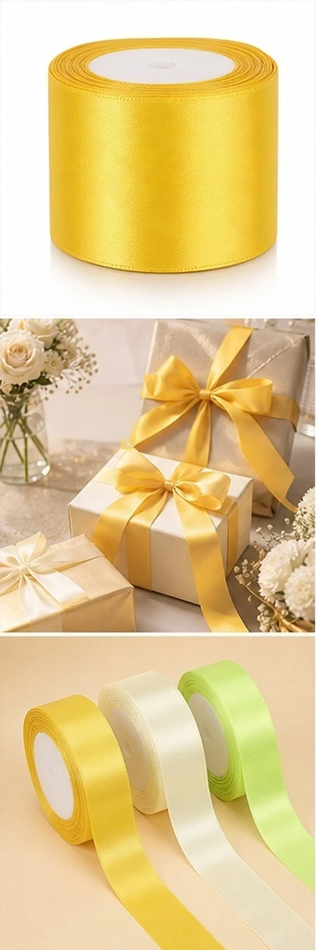 5 Rolls Yellow Double Sided Satin Ribbon 1 Inch 25 Yards for Gift Wrapping Bouquet Packaging Wedding Invitations Party