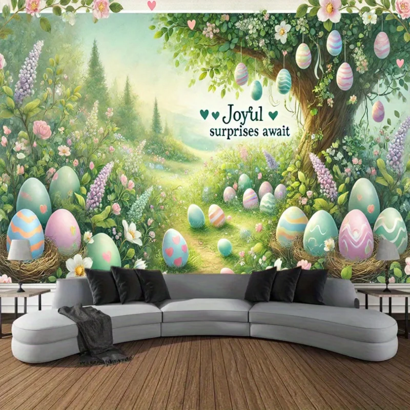 VIKAMA Joyful Easter Surprises Forest Tapestry Spring Garden Wall Hanging Home Decor Wall Blanket Party Backdrop Decoration