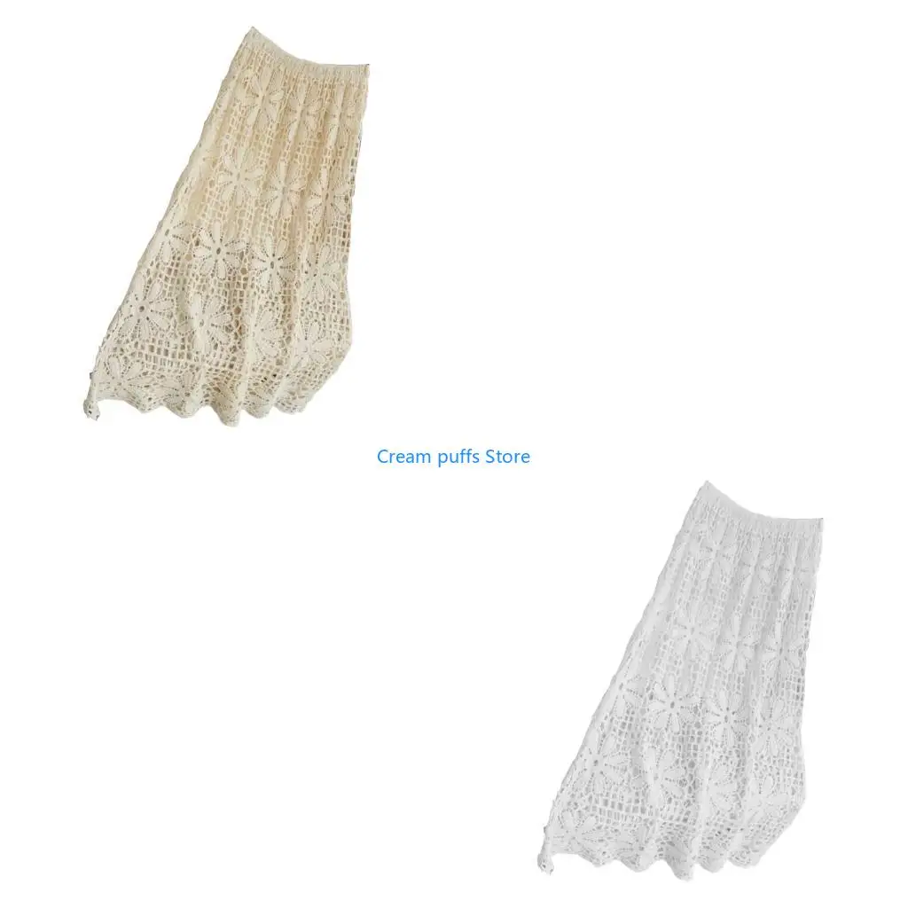 50LE Stretched High Waist Crochet Hollow Out Knit Lace Maxi Skirt Summer Long Skirt