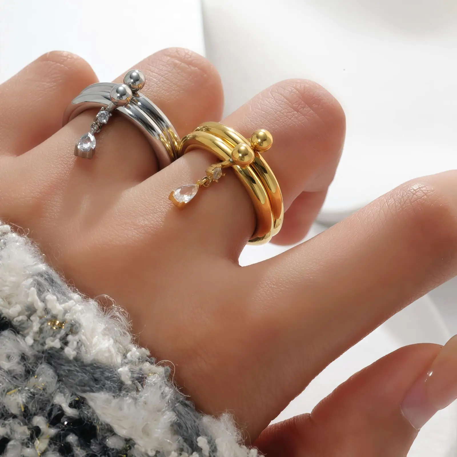 Fashion Stainless Steel Gold Silver Plated Two-Tone Double-Layer Ball Buckle Pendant Ring For Women Removable Teardrop Zircon