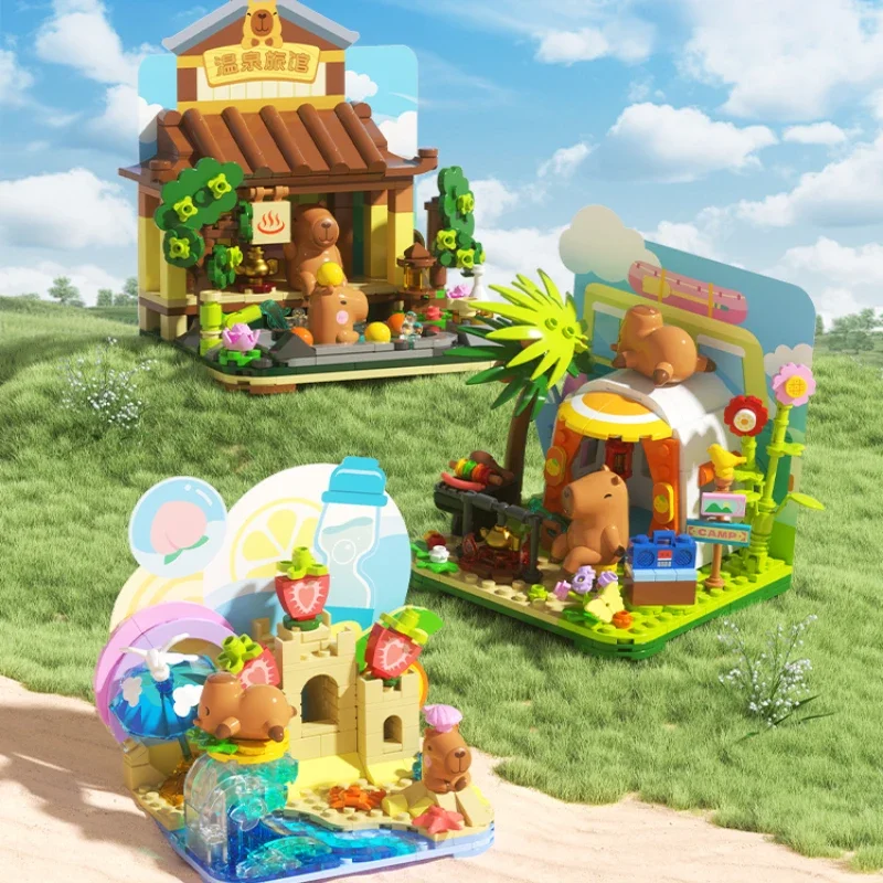 

MOC Capybara's Daily Hot Spring Camping Seaside Scene Building Blocks Set Funny Animal Shop Toys For Kid's Birthday Holiday Gift