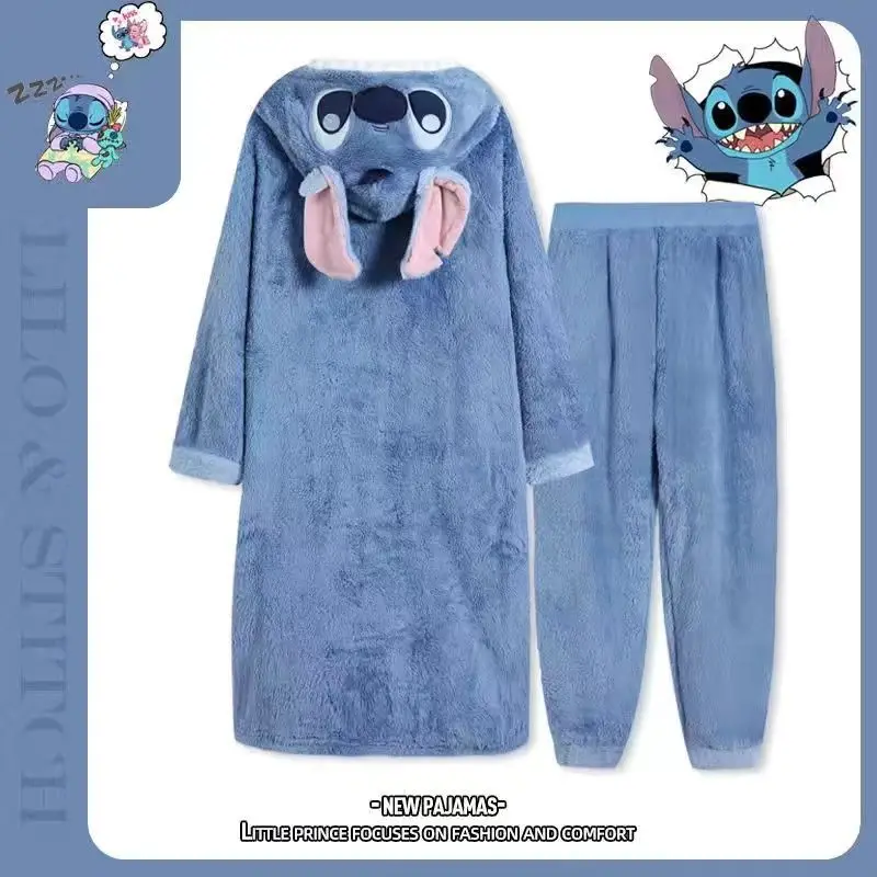 Disney Stitch Plush 2 Pcs Pajamas Set for Women New Cartoon Hooded Winter Nightwear Thick Coral Velvet Casual Sleepwear Clothes