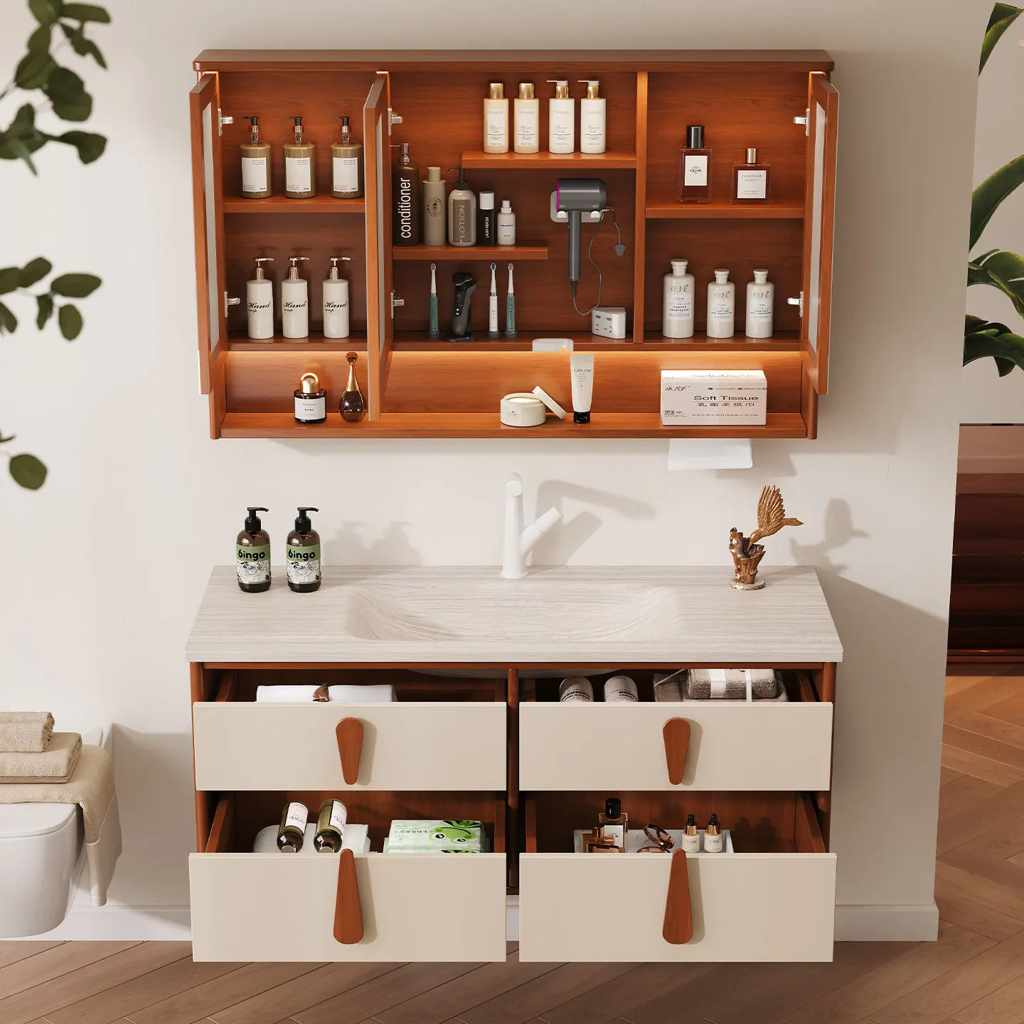 Made In China Customizable Modern Storage Bathroom Cabinet Premium Floating Solid Wood Bathroom Vanity