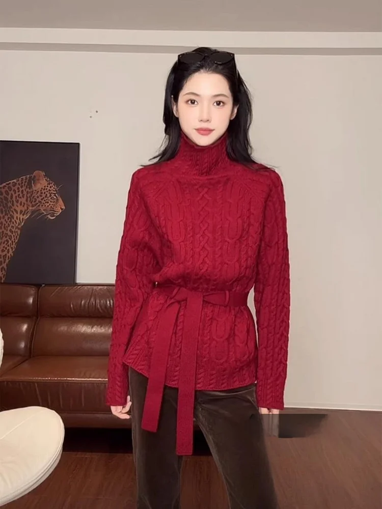 

Elegant Red High Collar Twisted Sweater Women's Loose Lazy Style Outerwear Thickened Knitted Top Spring Season Korean Style