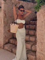 Ruched Bandeau Swimsuit Strapless 3 Piece White Bubble Bikini Sets White High-Cut Maxi Skirt Swimswear Luxury Beach Outfit K264 - Image 2