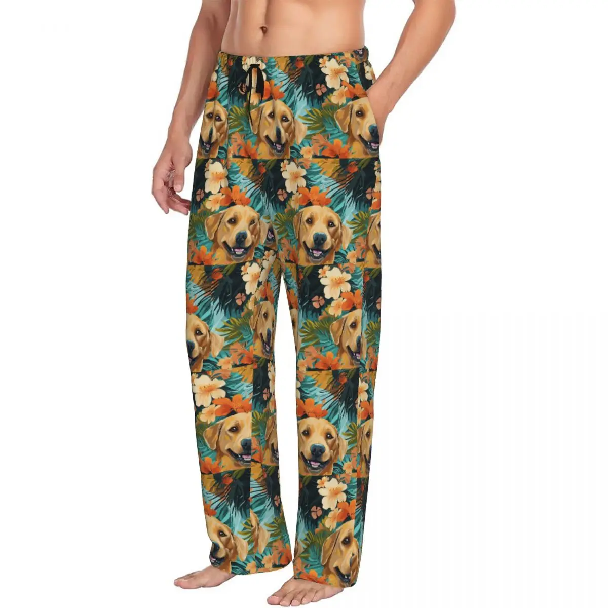 Custom Golden Labrador Retriever Dog Tropical Men Pajama Pants Lounge Sleep Sleepwear Bottoms with Pockets