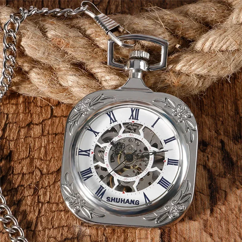 Antique Square Shape Pocket Watch Unisex Handwinding Mechanical Watches Open Face Design Roman Number with Pendant Chain Clock