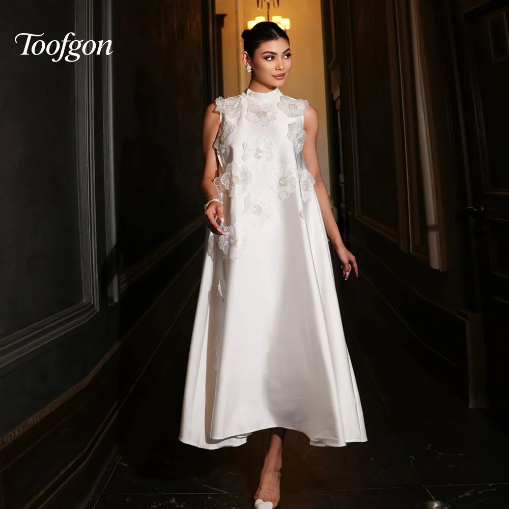 

Toofgon A Line Customized Evening Prom Dresses 3D Lace Flowers Women Formal Long Dress Satin Simple Birthday Party Gowns