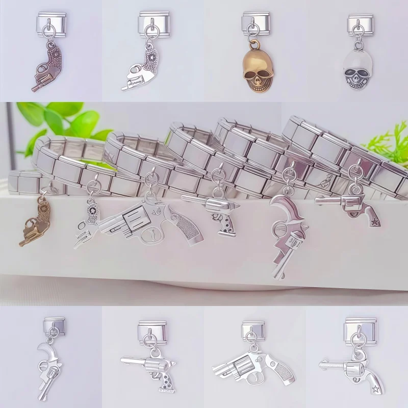 

New Fashion Halloween Pistol Skull Cross Italian Charm Links Fit 9mm Bracelet Pendant Stainless Steel Jewelry Making DIY Beads