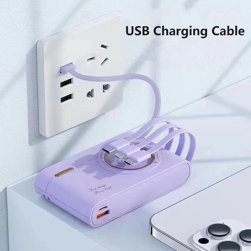 باور بانك لطيف على طراز الرسوم المتحركة بقدرة 10000 مللي أمبير في الساعة، كابلات مدمجة، شاحن محمول، بطارية خارجية لهاتف iPhone Huawei Android