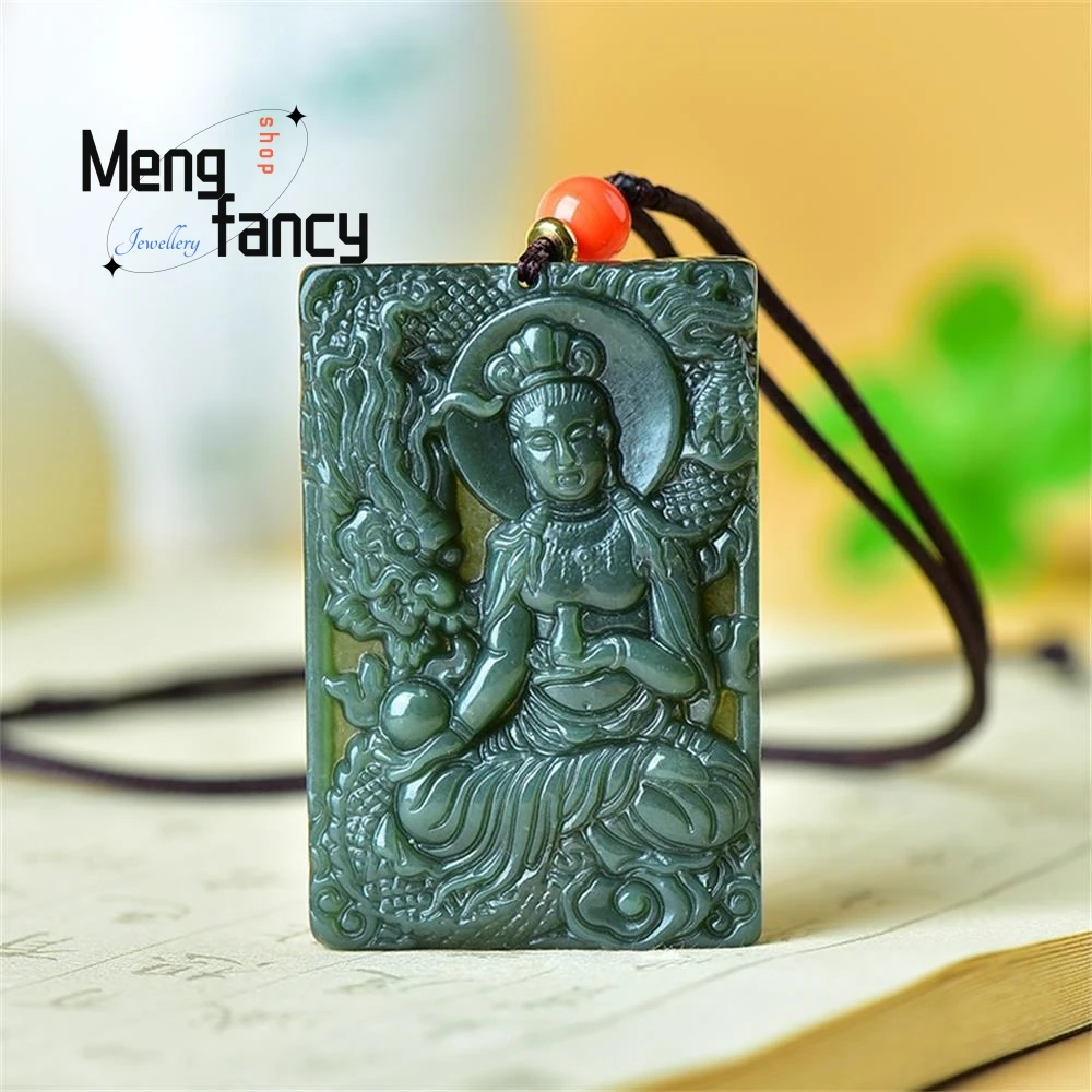 

Natural Hetian Green Jade Double-sided engraving Descending Dragon Goddess of Mercy Pendant Simple Retro Fashion Luxury Jewelry