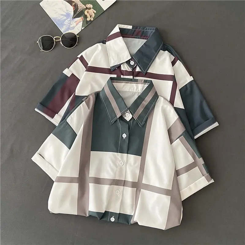 Summer New Vintage Plaid Blouse Polo Neck Short Sleeve Loose All-match Button Trend Shirt Tops Casual Fashion Women Clothing