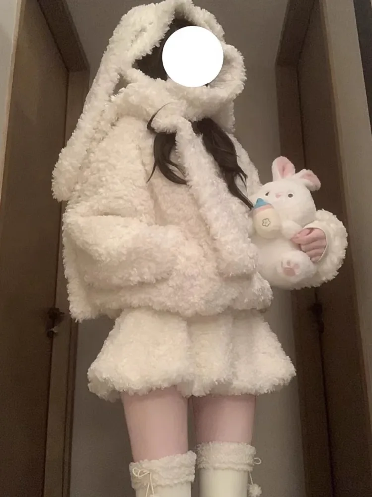 Harajuku Sweet Rabbit Ear Hoodie Lambswool Coat Women+ Y2k High Waist Fur Skirts 2024 Autum Winter New Two Piece Sets