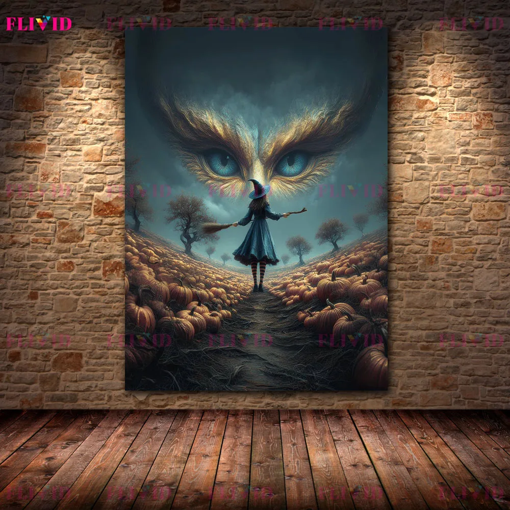 Halloween Witch Broomstick Canvas Print Giant Pumpkin Moon Poster Dark Gothic Pumpkin Field Wall Art Holiday Home Decor Unframed