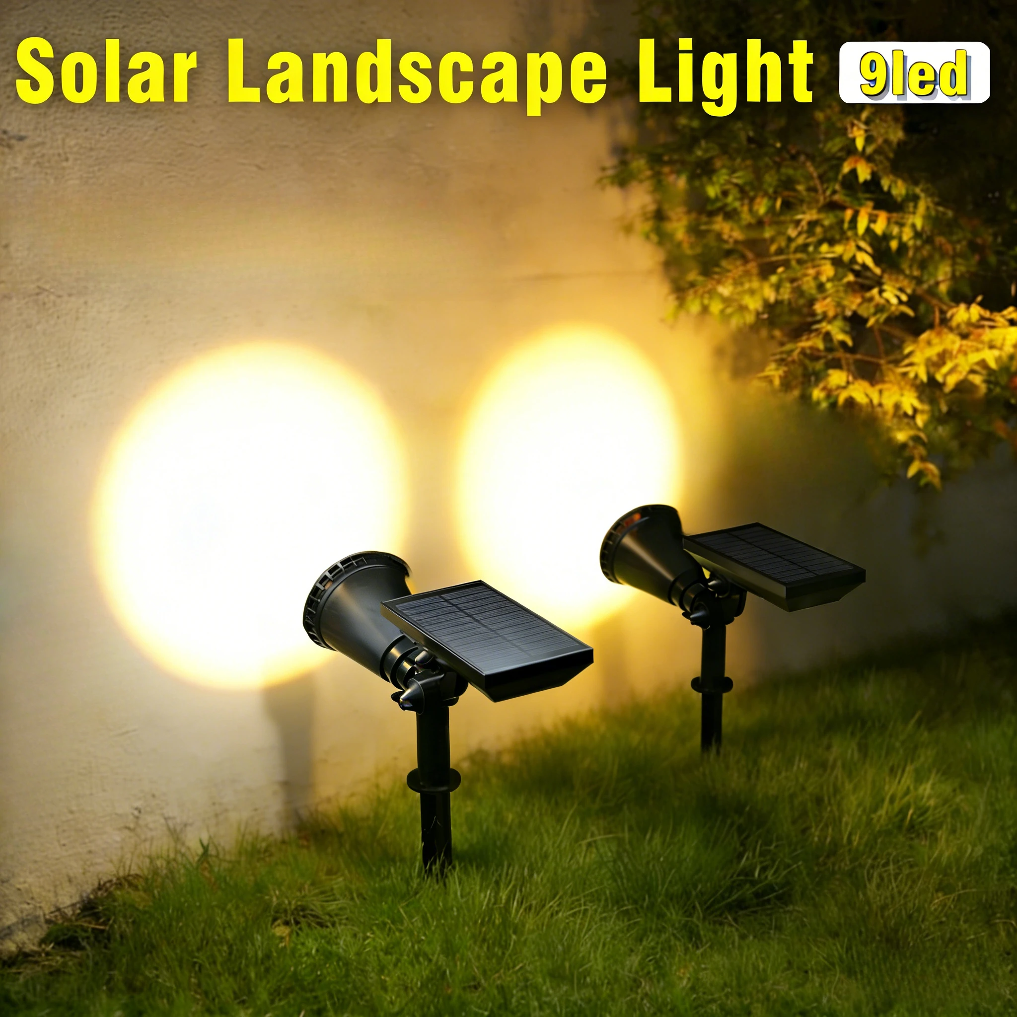 Solar Powered Ground Spotlights, 9LED Wall Wash Light IP65 Waterproof, Adjustable Brightness Outdoor for Garden Patio Driveway
