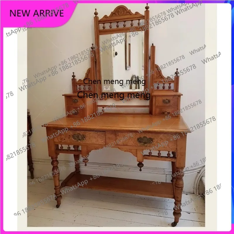 

French retro solid wood carving flower dresser dressing table multi-drawer makeup table with makeup mirror H