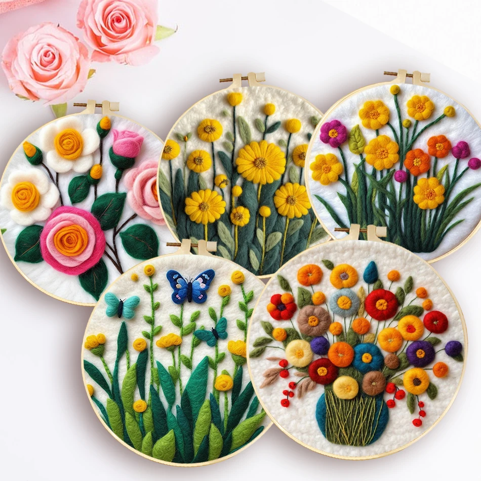 Wool Felt Kit With Frame Felting Needles Flower DIY Wool Emb