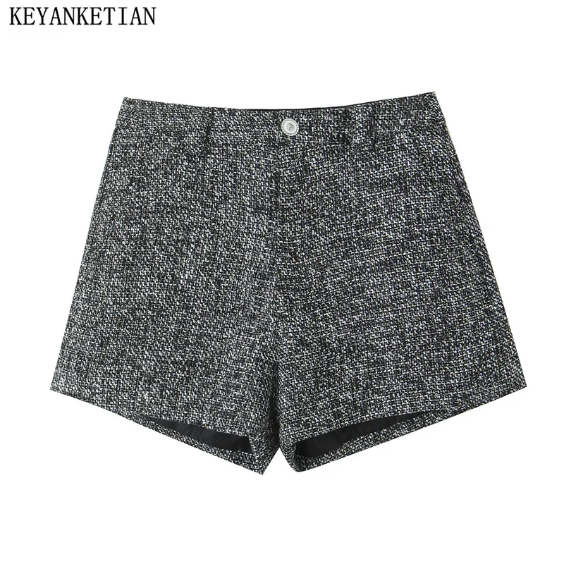 

KEYANKETIAN 2024 New Launch Women's Texture Tweed High-Waisted Shorts Elegant Office Lady Zipper Straight-Leg Slim Shorts Female