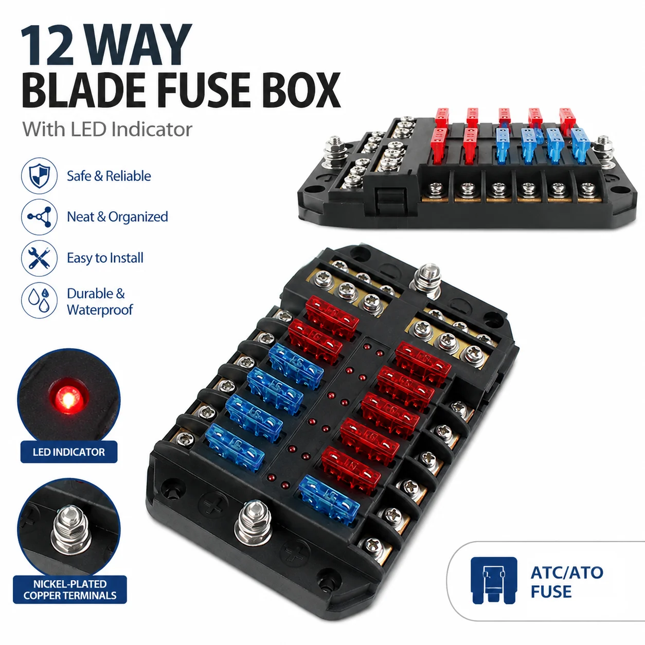 12V 32V 6/12 Ways Fuse Box With Blade Fuse Holder Block LED Warning Indicator for Power Panel Board Camper RV Car Accessories