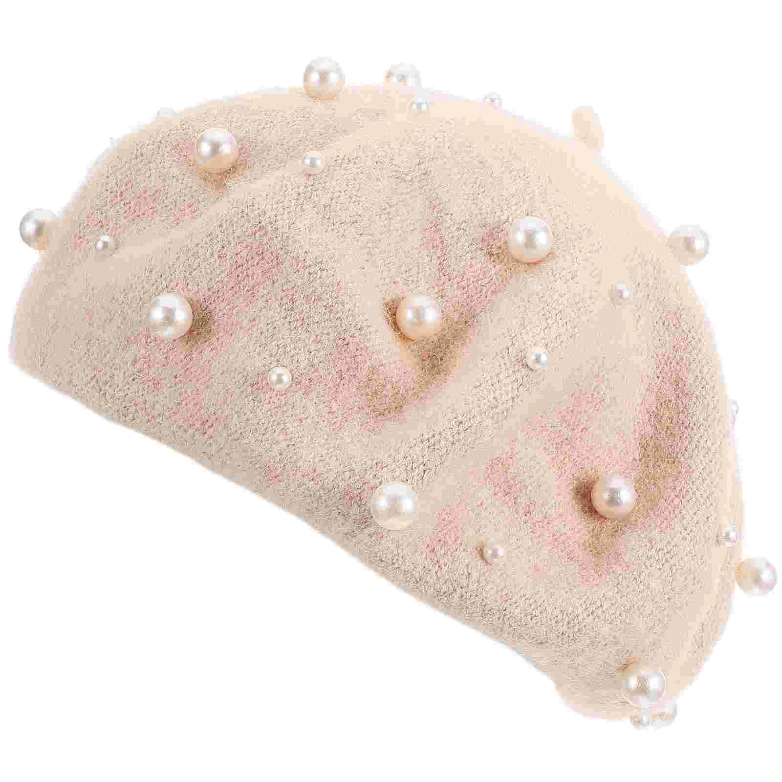 Women's Pearl Beret Autumn Cashmere Luxury Heavy Work Beret Beaded Pearl Rivet Wool Beret Free Size (Beige)