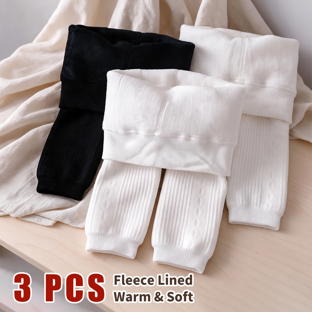 3PCS Kids Thick Warm Pantyhose, Girls Daily Footed Tights, Vertical Cable Texture for Fall Winter