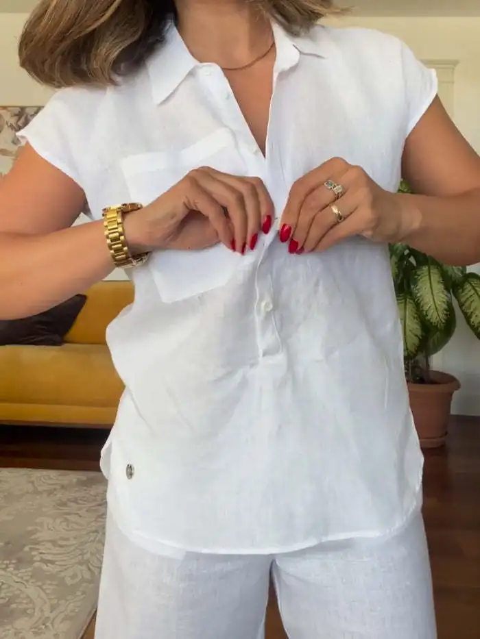 Camicia estiva in cotone e lino con tasca a maniche corte Pantaloni a gamba larga Set da due pezzi Abiti da pendolarismo alla moda da donna Set casual in tinta unita