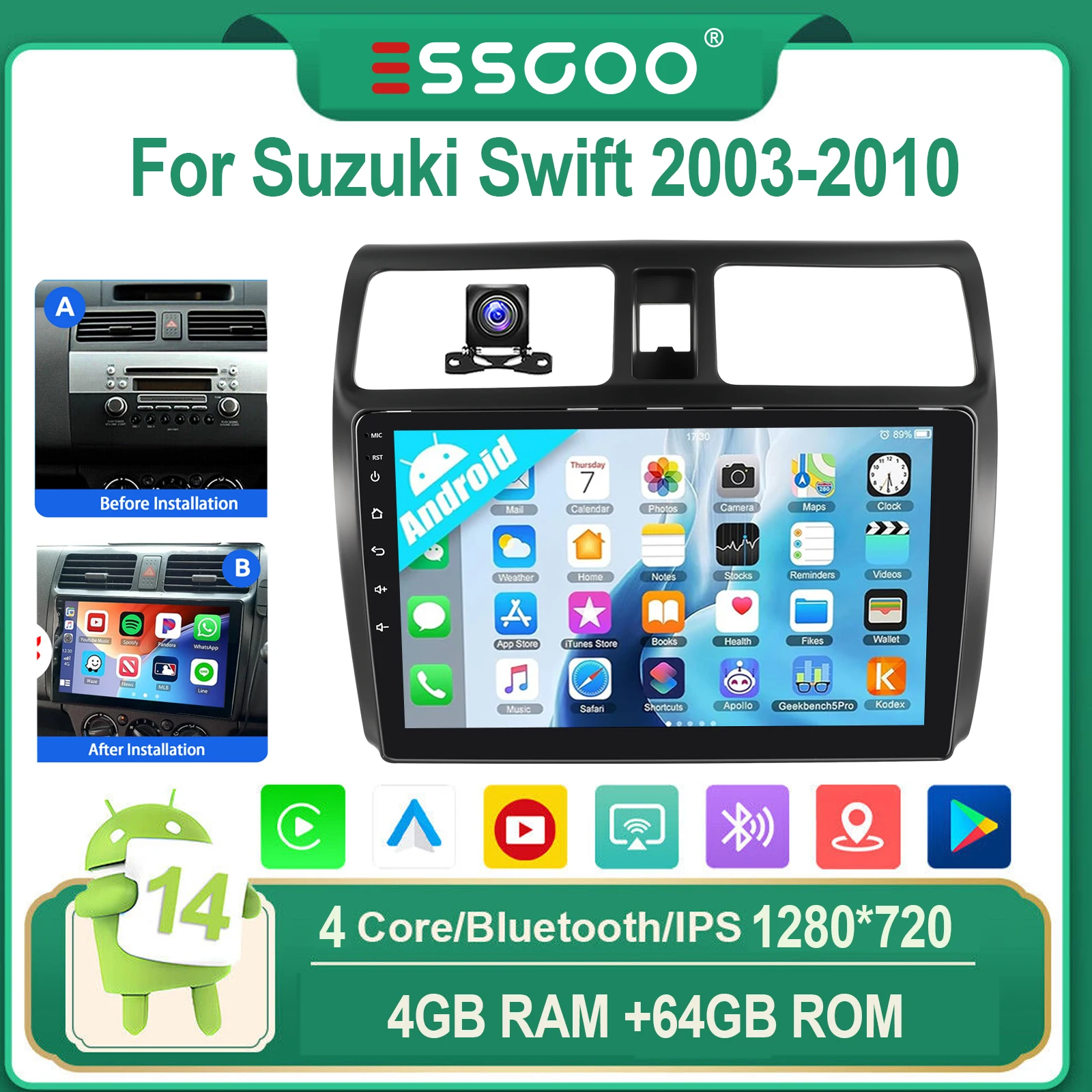 ESSGOO Voor Suzuki Swift 2003-2010 Android 14 10" IPS Touchscreen Autoradio Draadloze CarPlay Android Auto WIFI GPS Bluetooth FM Mirror Link Stuurwielbediening 4-Core Multimedia Videospeler