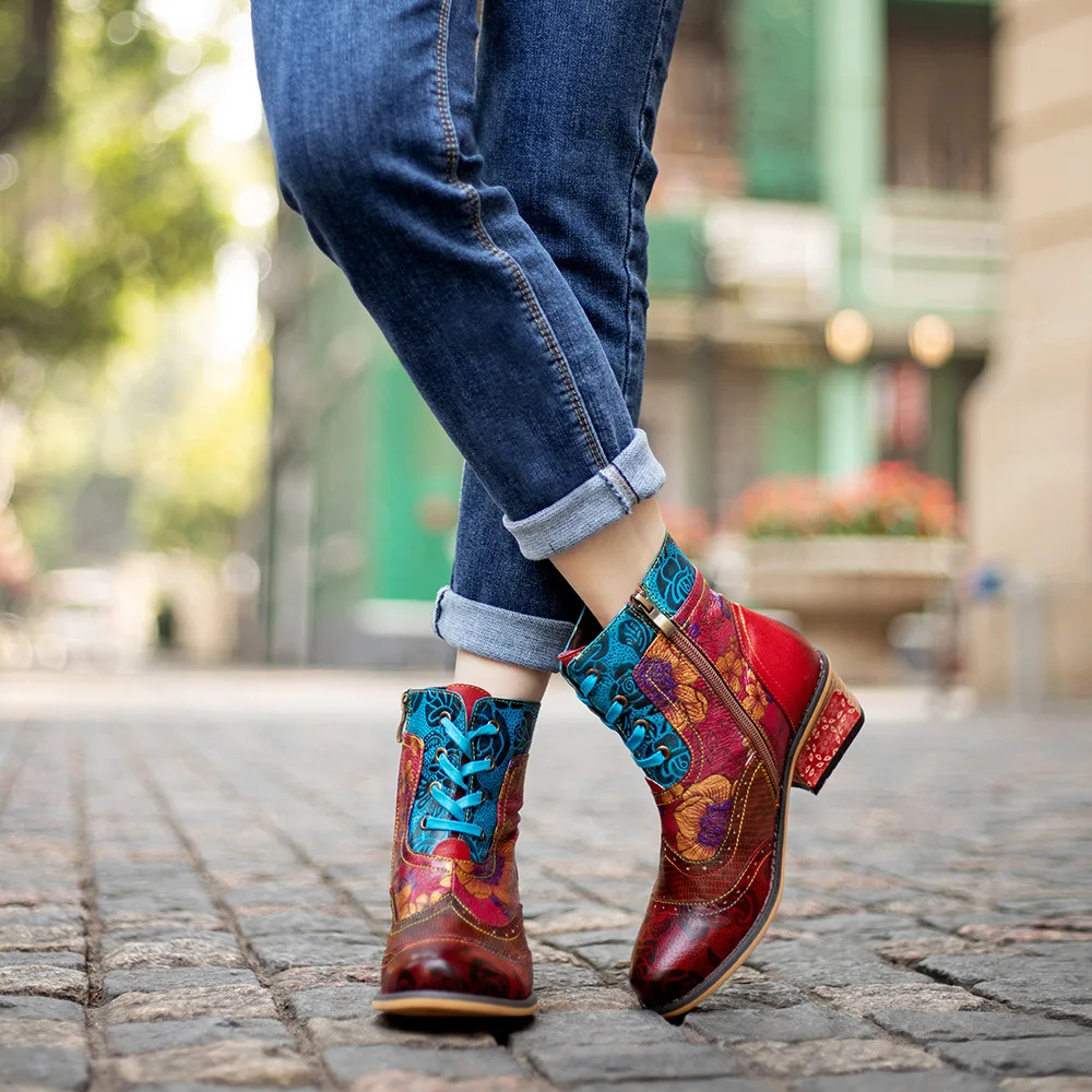 Botas de couro genuíno plataforma para as mulheres, ankle boots com zip e dedo do pé redondo, salto alto e costura, cores misturadas, novo, outono, 2024