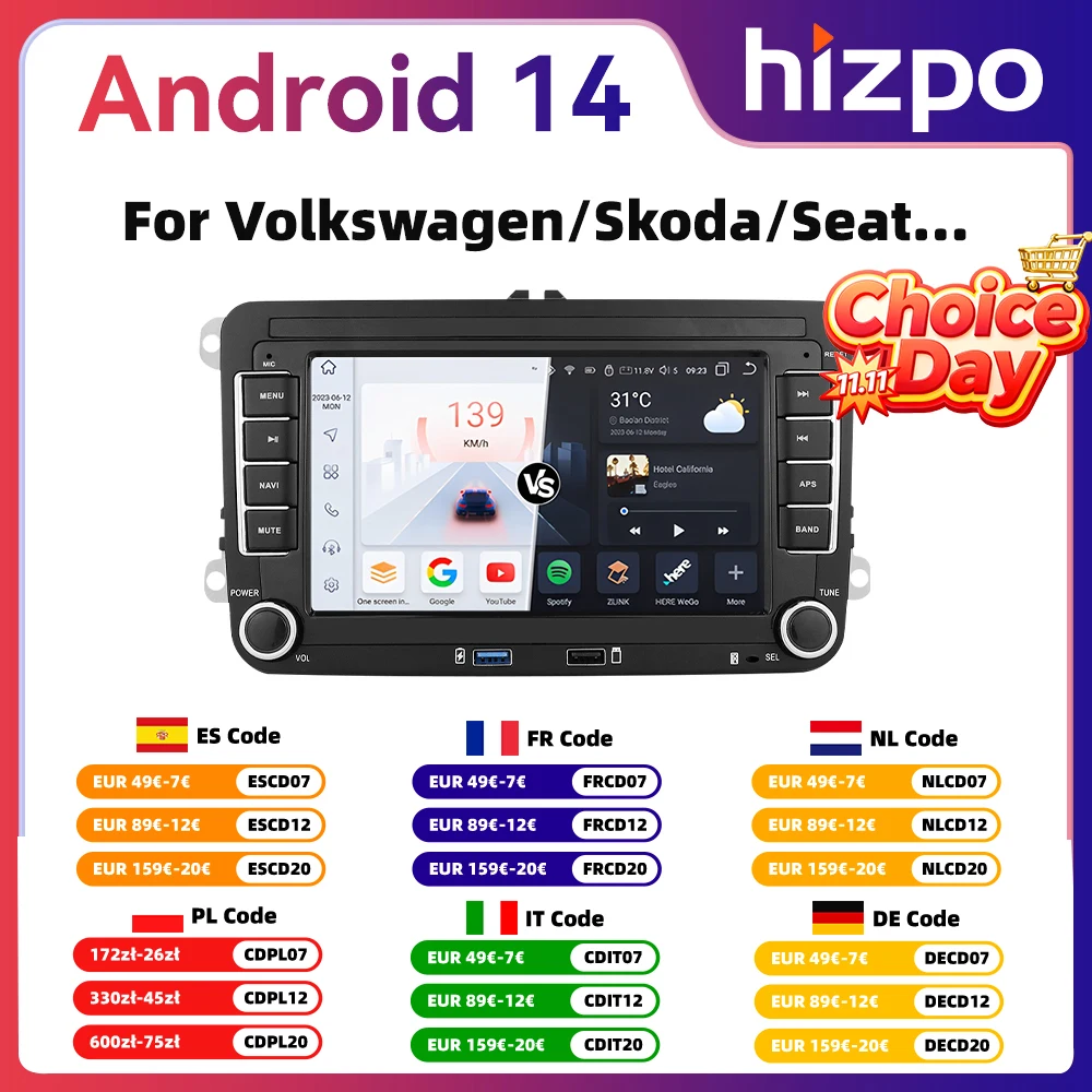 7" Hizpo 2Din Android Car Radio for VW Volkswagen Golf Passat B7 B6 Skoda Seat Octavia Polo Tiguan Jetta Auto CarPlay GPS RDS
