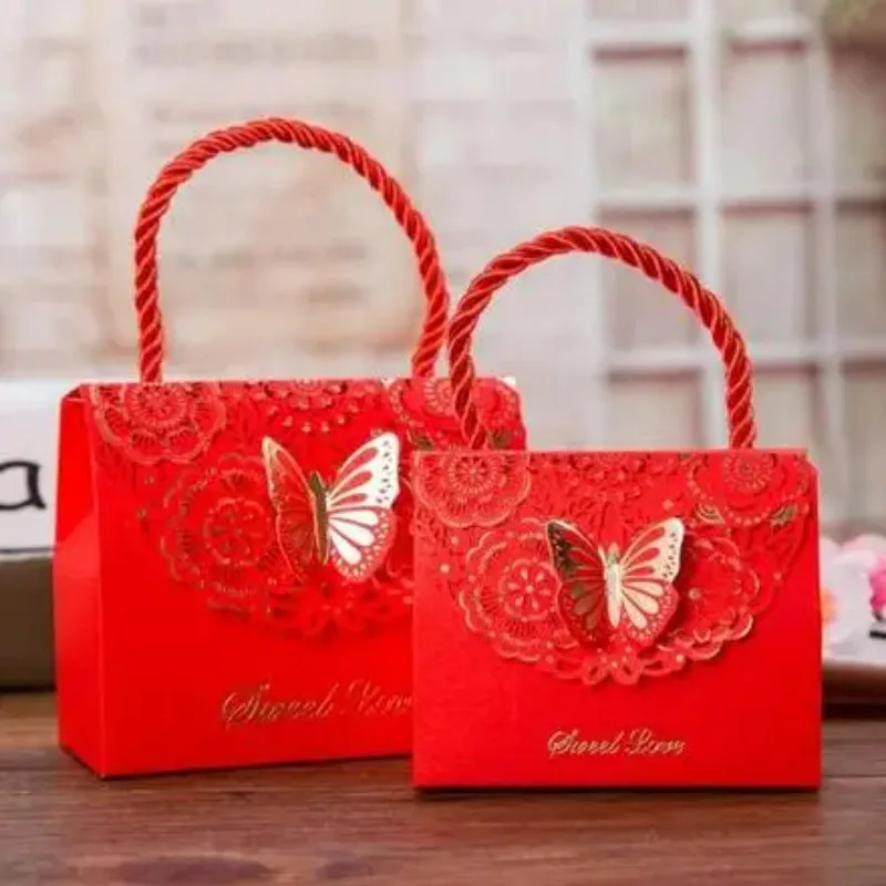 30pcs Blue purple Butterfly Flower Candy paper gift bag with handle Wedding favor Portable Gift paper Box wedding Party Favors