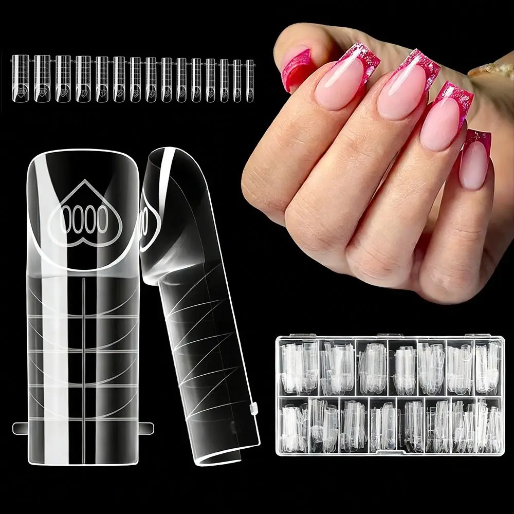 150Pcs 15 Sizes Space French Nail Dual Forms Transparent Plastic Full Cover Nail Forms Quick Building Gel Mold Reusable