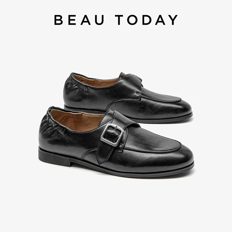 BEAUTODAY Classical Loafers Women Genuine Sheepskin Leather Solid Color Metal Buckle Hook&Loop Flats Ladies Shoes Handmade 26375