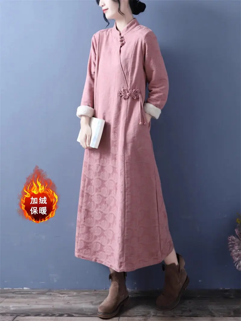 Chinese Style Buckle Plush And Tthickened Cheongsam Dress Women's Retro Standing Neck Long Sleeve Warm Jacquard Long Dress Z2968