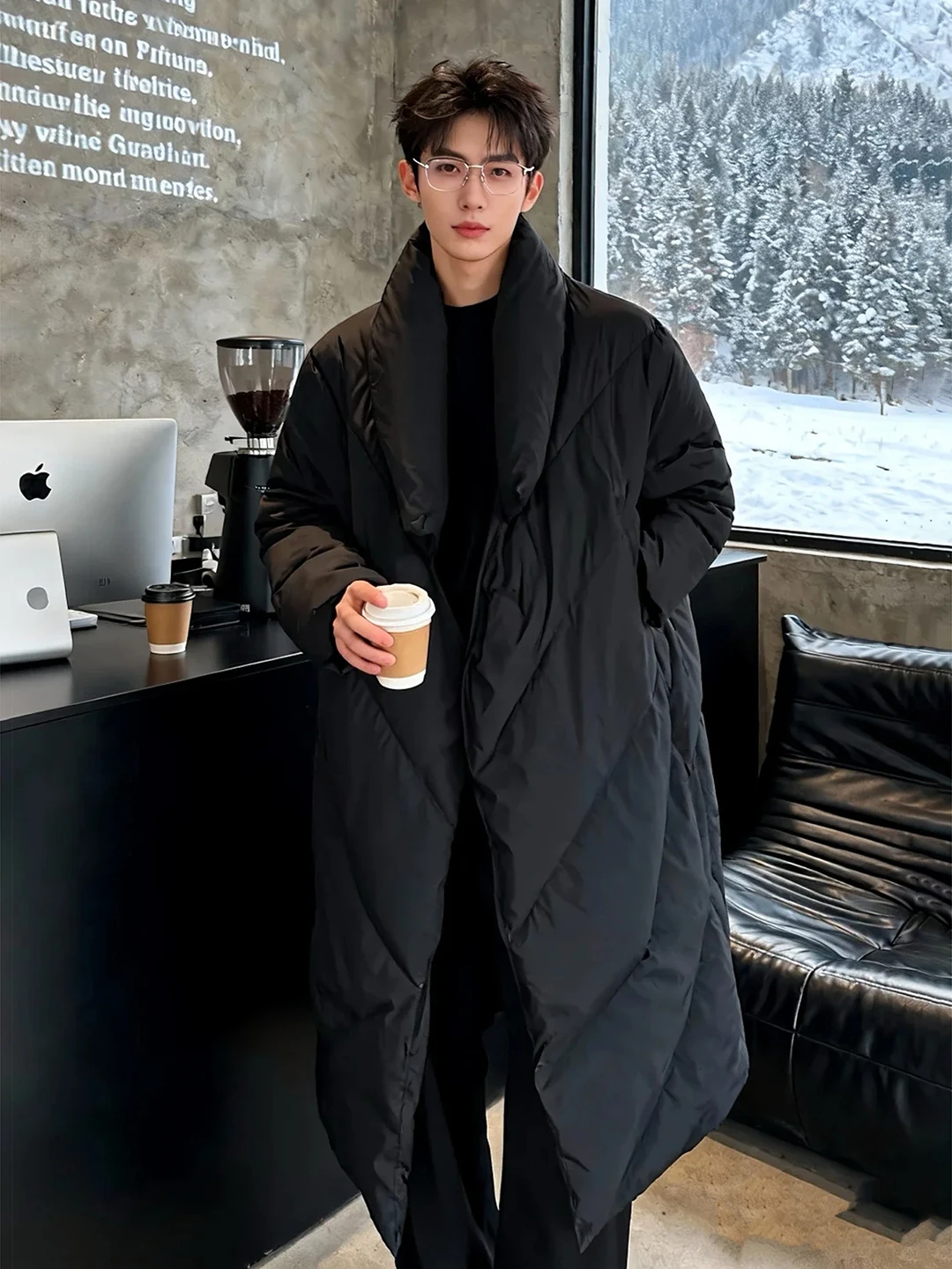 Korean Style Men's Thickened Long Winter Coat over Knee Length Middle-Length Cotton Jacket Warmth Sensation Youth Fashion