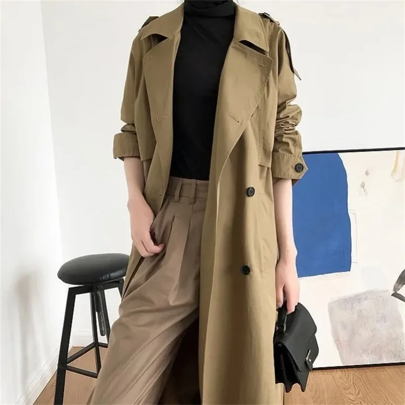 

Весенне-осенний длинный плащ цвета хаки большого размера для женщин, двубортное свободное повседневное корейское модное пальто 2025