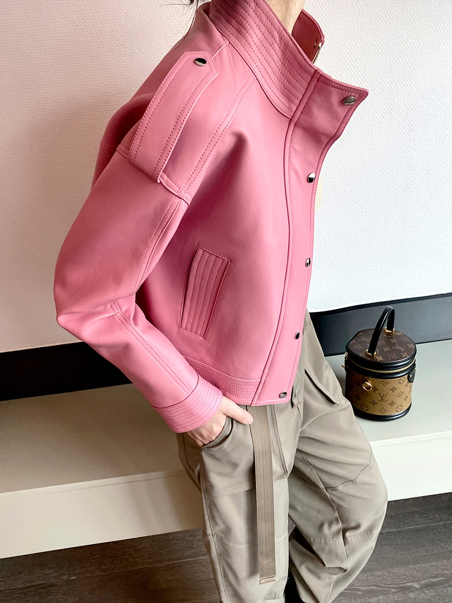 2024 New High End Light Coated Real Sheepskin Short Casual Coat Pink Genuine Leather Jacket Women Fashion Clothing